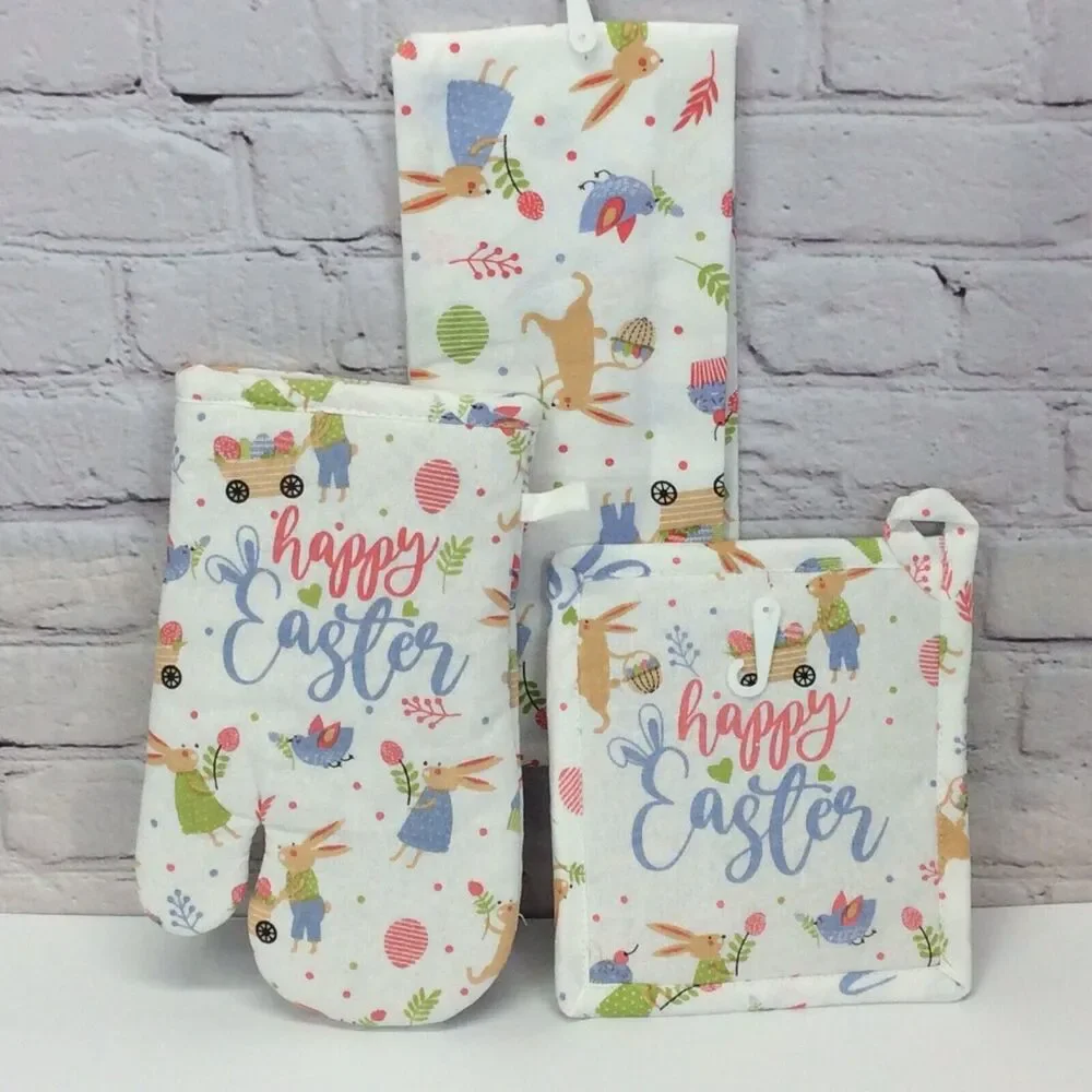 Happy Easter 3 Pc Kitchen Set Spring Pastel Blue Dish Towel/Pot Holder/Oven Mitt
